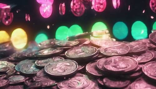 Money rain lit by neon club lights.