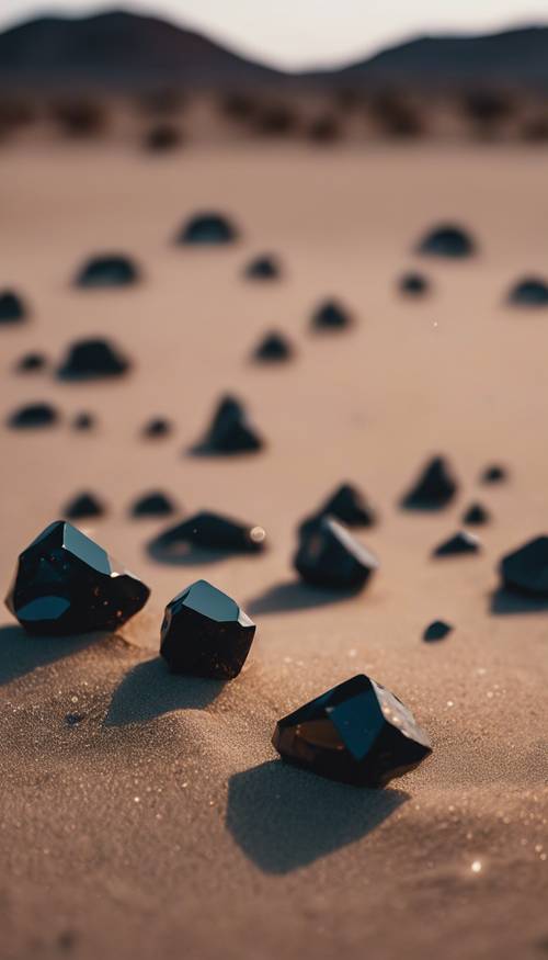 Ein Geröllfeld aus schwarzem Kristallquarz, das in der Abenddämmerung auf dem Wüstensand verstreut liegt.