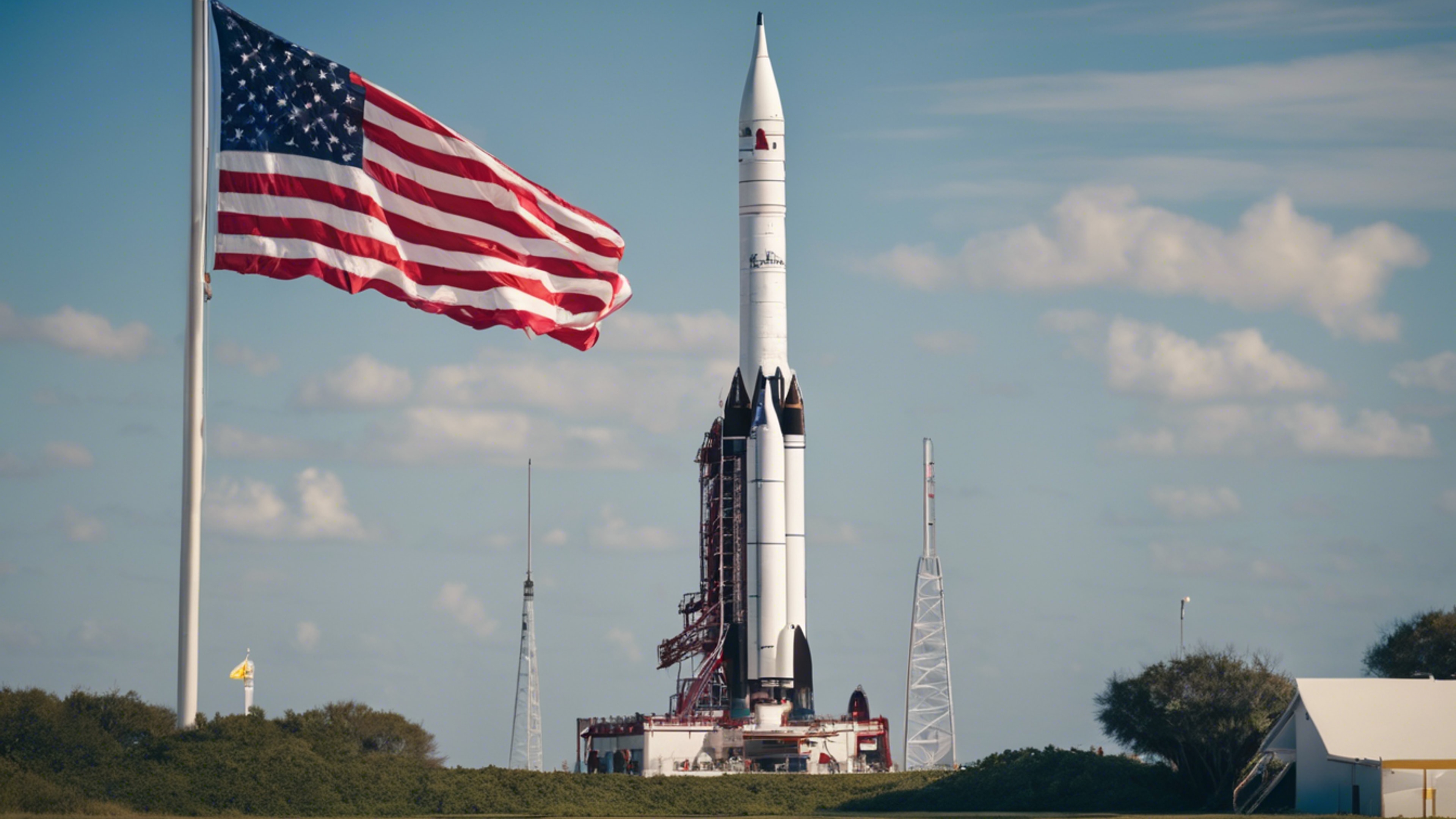 A historic rocket display at Cape Canaveral, with a clear blue sky and the American flag waving in the background. 牆紙[7e3199d5ab33424fb953]