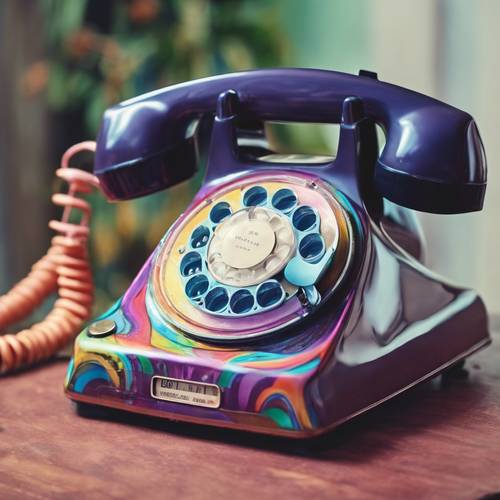 A rainbow-colored rotary telephone from the 60s