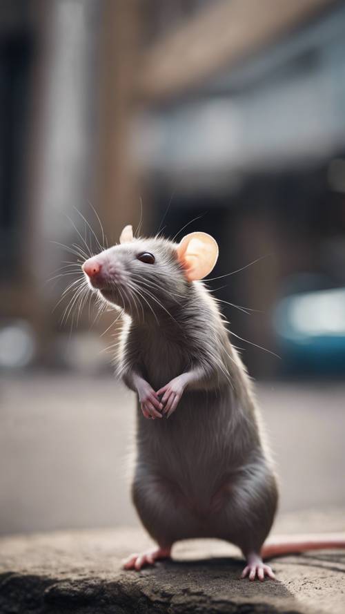 자랑스러운 다 자란 쥐가 뒷다리로 서서 도시 환경에서 주변을 조사하고 있습니다.