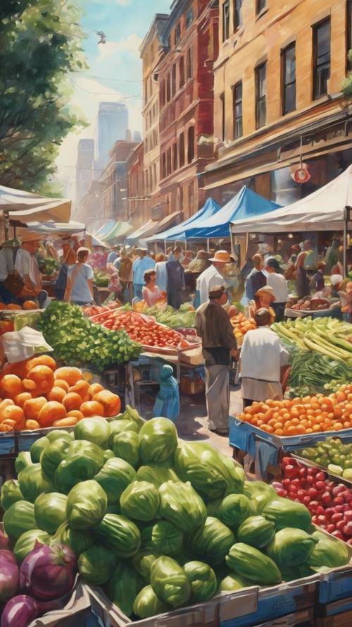 Ein lebendiges Gemälde eines geschäftigen Bauernmarkts voller frischer Produkte und lauter Menschenmengen.