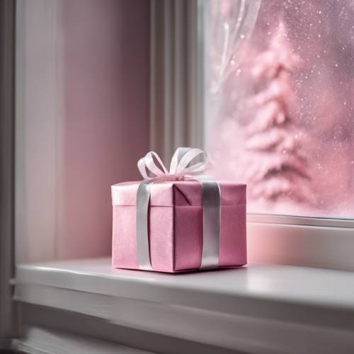 A beautifully wrapped pink Christmas present under a frosted window.