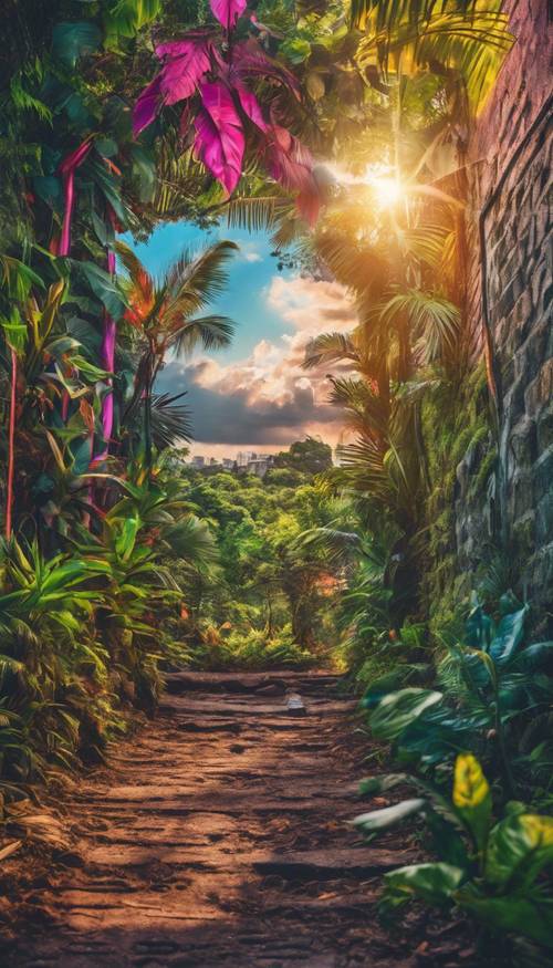 Graffiti art of a colorful tropical forest on a city wall during sunset.