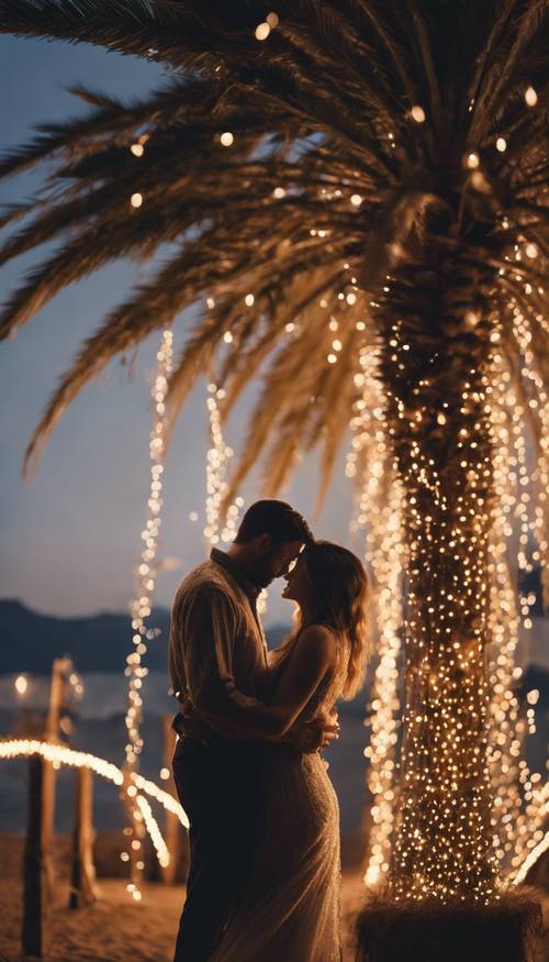 Uma cena romântica de um casal se abraçando debaixo de uma palmeira preta maravilhosamente iluminada e coberta de luz de fada.