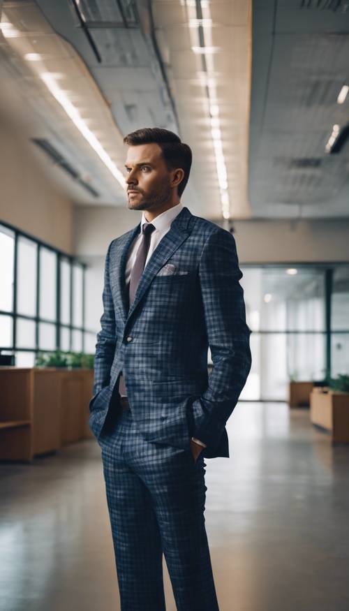 Un uomo alla moda con un abito scozzese blu scuro in piedi in un ufficio moderno ed elegante.