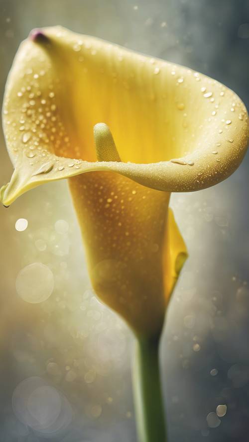 Une image semblable à une peinture d’un lys Calla jaune avec des détails complexes et une lumière douce.