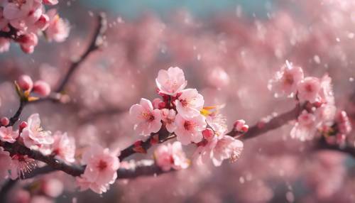 İlkbahar rüzgarı altında dans eden pembe şeftali çiçeklerinden oluşan bir deniz.