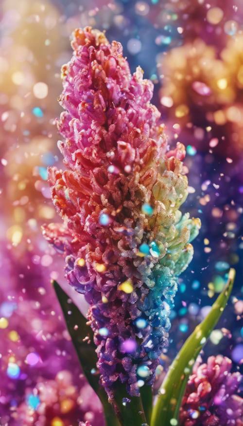 Un pezzo astratto di una pianta di giacinto arcobaleno cosparso di glitter olografico.