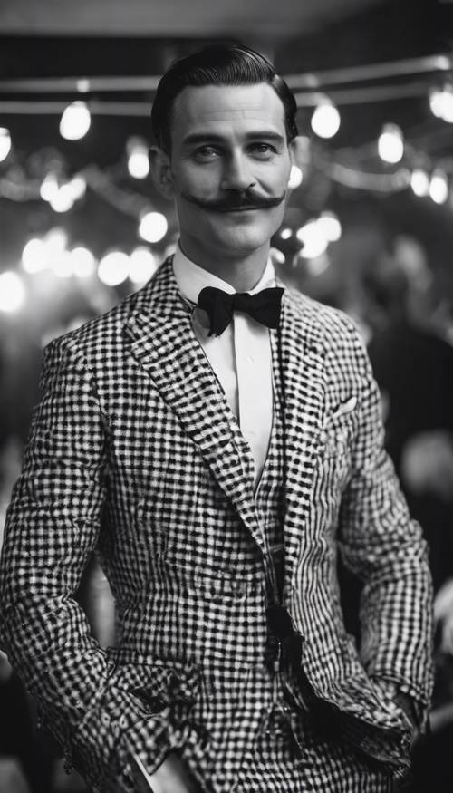 A dapper man in a black and white checkered suit at a 1920s-themed party. کاغذ دیواری [4cae7ed647ca448082b4]