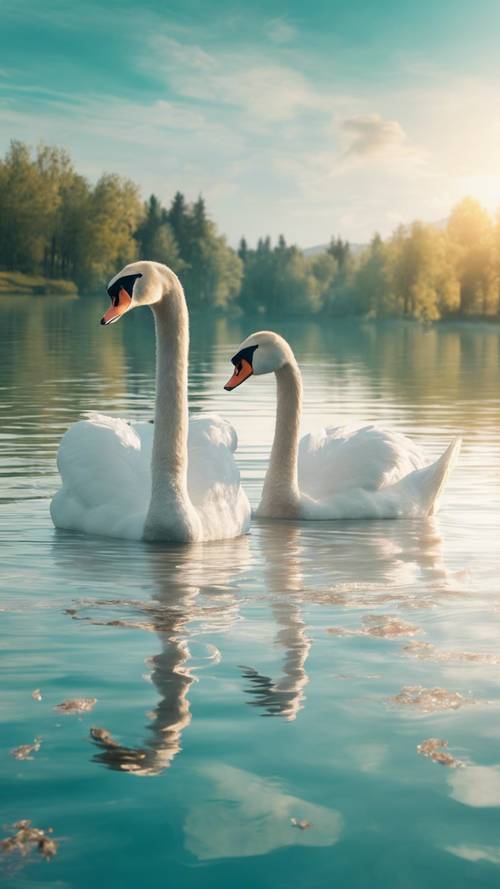 A family of peaceful swans swimming on a crystal clear turquoise lake.