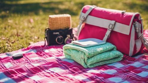 A preppy neon plaid picnic blanket laid out on a sunny day in the park. Tapeta [46bc16c4139649b2aef4]