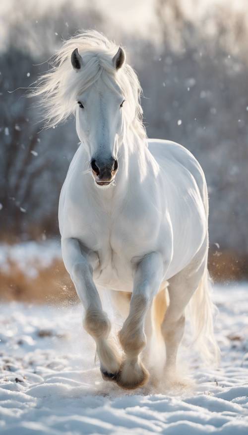 Một con ngựa giống trắng mượt đang tung tăng giữa cánh đồng tuyết. Hình nền [6cbbfef09c8a45fa8630]