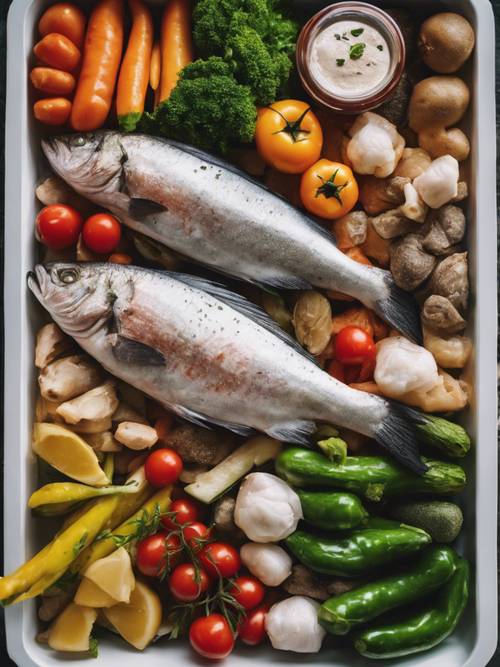 Peixe fresco e legumes num display com o rótulo “Dieta mediterrânica para perda de peso”.