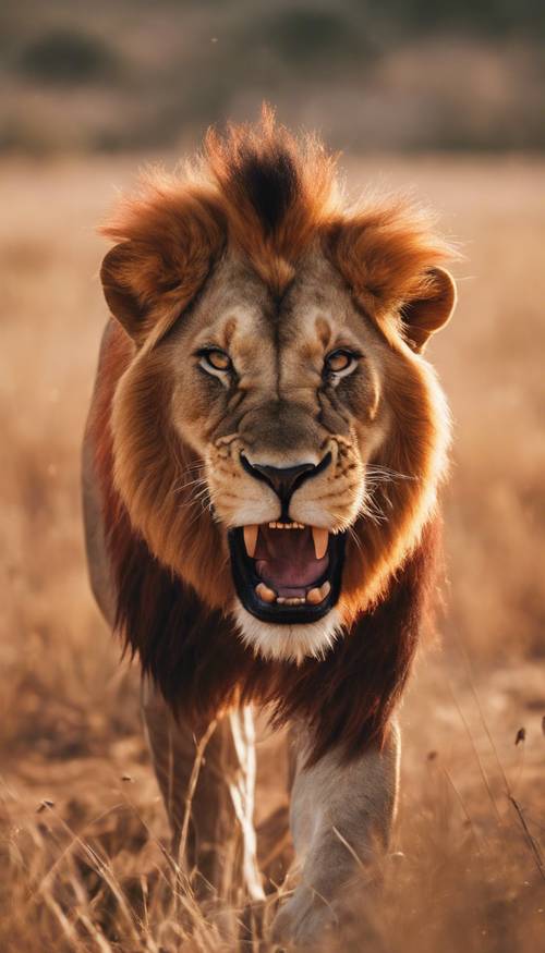สิงโตแดงที่ทรงพลังคำรามเสียงดังในทุ่งหญ้าสะวันนาของแอฟริกาที่เปิดกว้างในช่วงพระอาทิตย์ตก