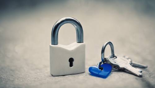 A vintage photograph of a dainty white heart-shaped lock with a classic blue key. Tapeet [5bacf9b3c5f44a53889d]