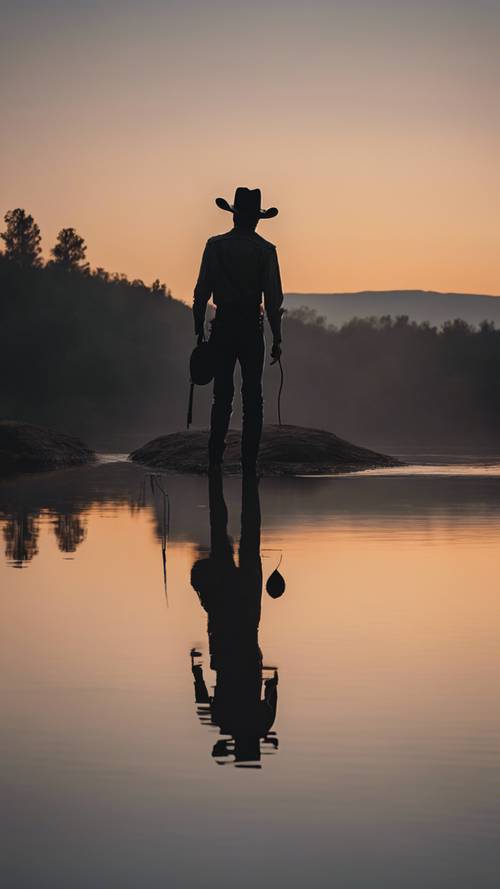 A cowboy silhouette reflecting in a tranquil lake at dusk.