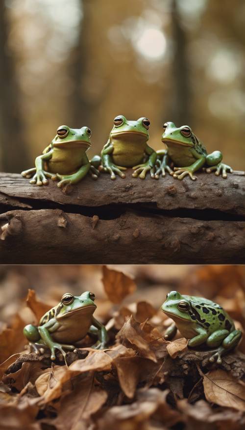 A quaint country scene of three frogs playing leapfrog on a bed of rustic leaves.