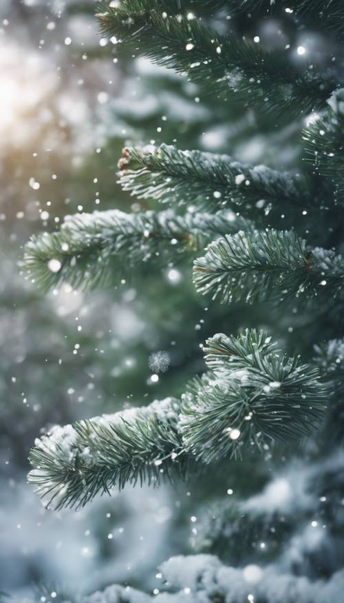 Nochebuena con copos de nieve cayendo sobre un tranquilo y verde bosque de pinos.