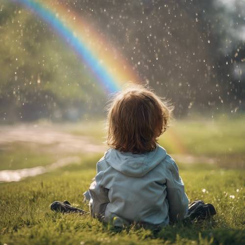 一个孩子坐在草地上，看着春雨过后中性色的彩虹。