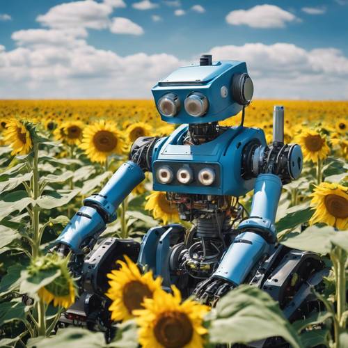 Un robot agricolo che si prende cura di un campo di girasoli sotto un cielo blu.