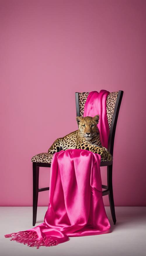 Bir sandalyenin üzerine örtülmüş ipek eşarp üzerinde sıcak pembe leopar desenli.