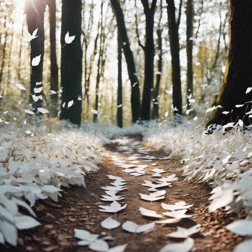 Folhas totalmente brancas formando uma cobertura extravagante sobre um caminho escondido e encantado na floresta.