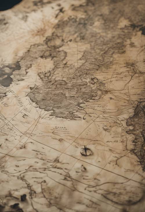 Um mapa envelhecido em preto e bege de uma ilha esquecida.