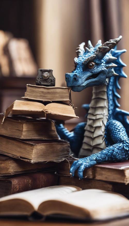 Un antiguo dragón azul leyendo un libro atesorado, usando un monóculo.