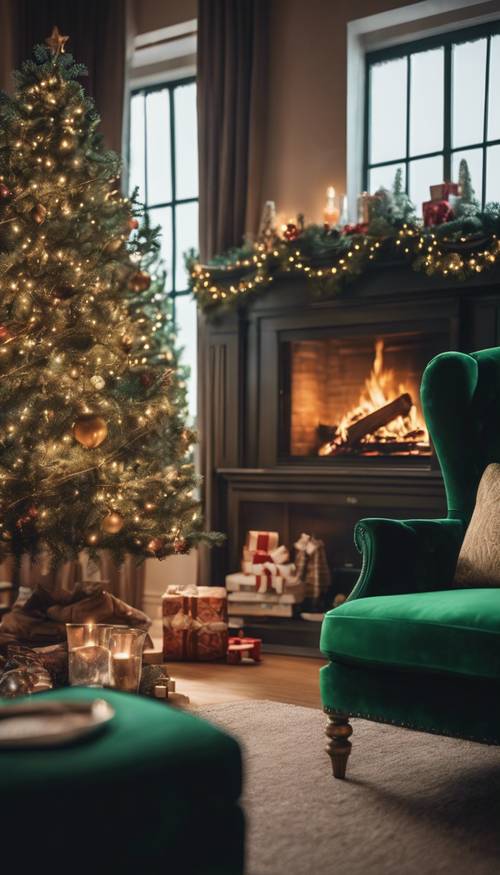 Un interior navideño cálido y acogedor con sillones de terciopelo verde cerca de una chimenea crepitante.