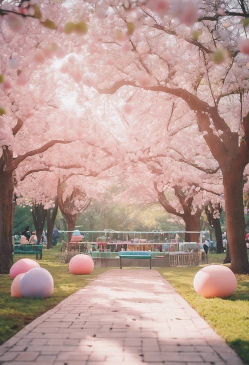 Festival için şık pastel renklerde kawaii tarzı dekorasyonlara sahip yerel bir park