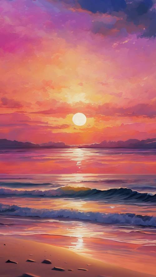 A vibrant June sunset painting the horizon in breathtaking hues, casting a romantic glow over a tranquil beach.