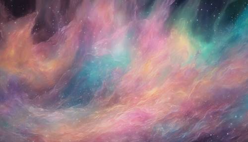 Lukisan abstrak berwarna pastel yang terinspirasi dari cahaya aurora yang menari.