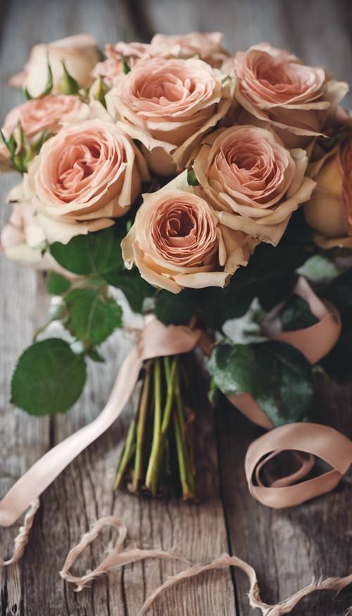 Buket mawar antik, diikat dengan pita sutra berjumbai, tergeletak di atas meja kayu antik.