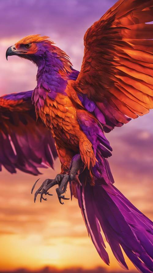 A grand phoenix resplendent in vibrant shades of orange and purple, soaring against a breathtaking sunset.