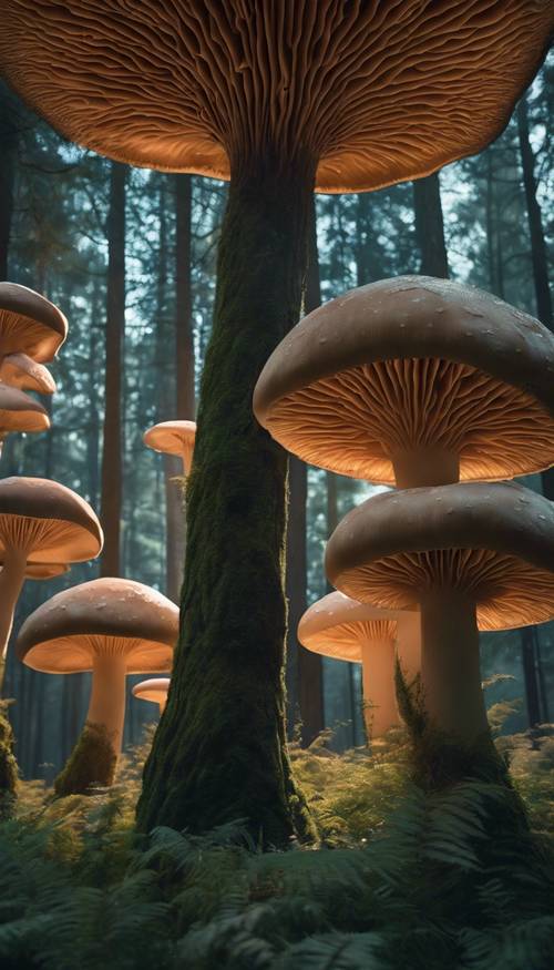 一片迷人的森林，长满巨大的蘑菇状树木，在黄昏的天空下闪闪发光。