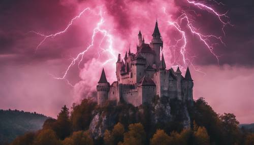Uma cena de conto de fadas de um castelo sendo atingido por um raio rosa mágico