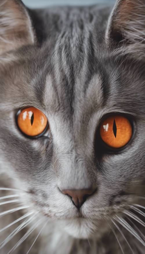 Студийный портрет серого кота с оранжевыми глазами.