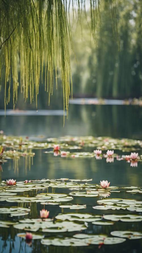 A serene view of water lilies floating on a calm pond with reflections of the surrounding willow trees.