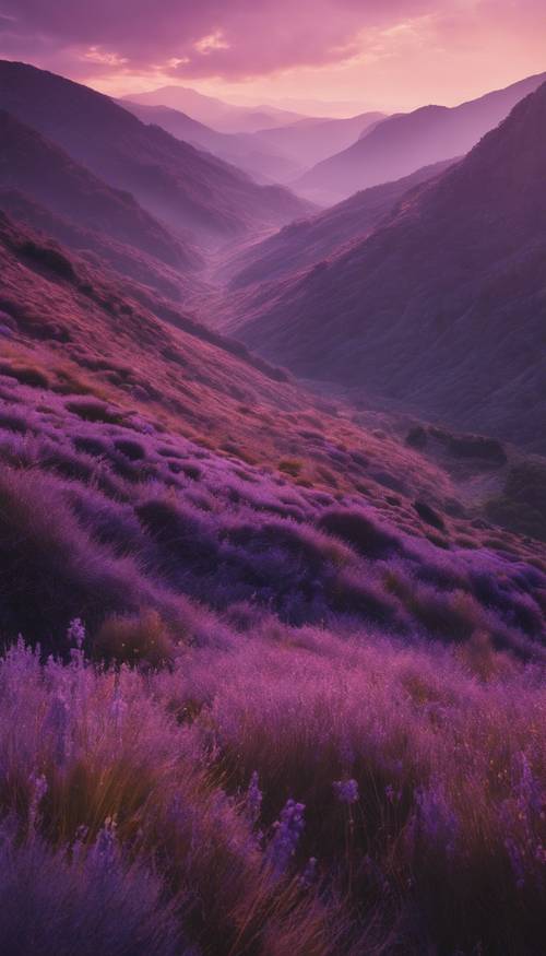 Daerah pegunungan yang diwarnai dengan nuansa ungu, memantulkan cahaya matahari terbenam.