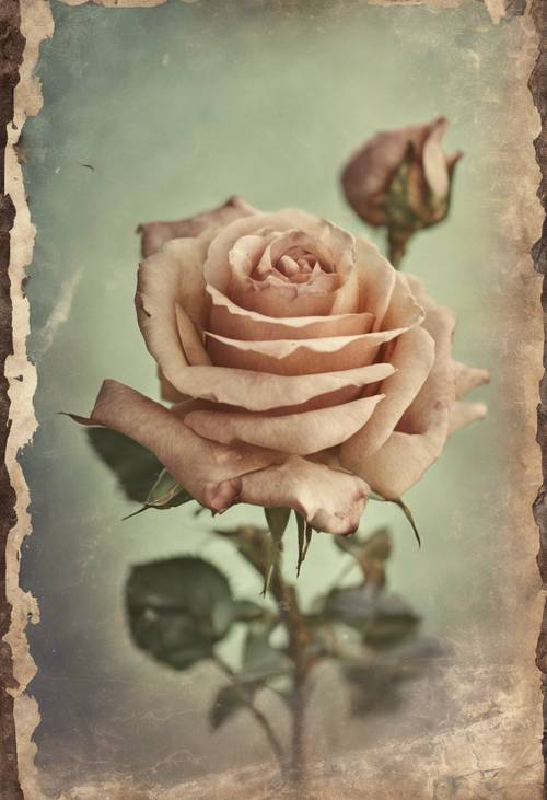 一张褪色的 20 世纪 30 年代复古玫瑰图画明信片，边缘粗糙磨损。