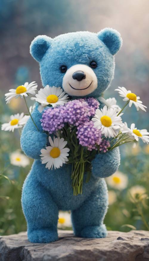 Một chú gấu xanh đáng yêu đang cầm một bó hoa cúc.