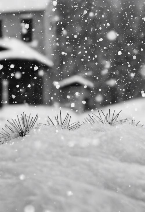 A black and white photograph of snowflakes falling gently on a small town in the 1950s, evoking a sense of vintage Christmas nostalgia.