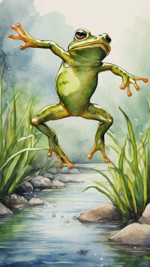 Pintura de acuarela infantil de una rana saltando en el aire sobre un arroyo.
