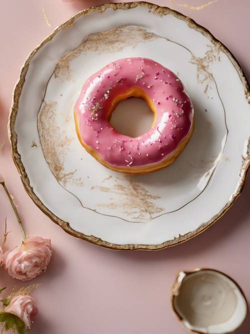 Um donut rosa folheado a ouro em um prato de porcelana vintage com borda dourada.