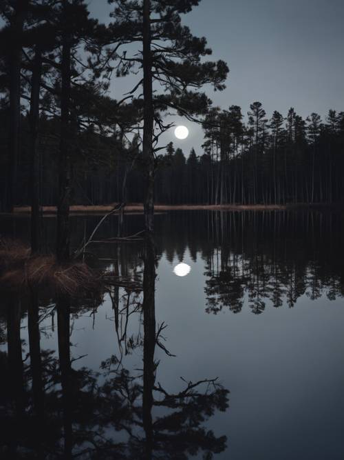 The spectacle of a full moon reflected in a dark, still lake surrounded by shadowy pine trees.