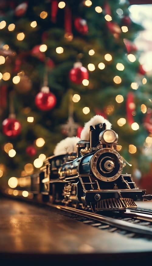 A brightly decorated vintage train set, circling around a magnificent 1950s Christmas tree.