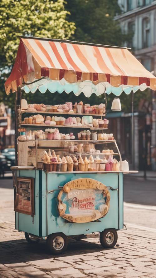 Aydınlık bir yaz gününde canlı, ağız sulandıran lezzetlerle dolu, kaldırımda rustik bir dondurma standı.