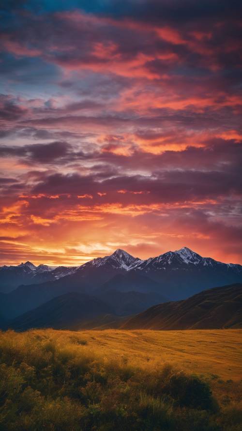 Um pôr do sol vívido atrás de picos de montanhas escarpadas carrega as palavras: &quot;Desafios são o que tornam a vida interessante, superá-los é o que dá sentido à vida&quot;.