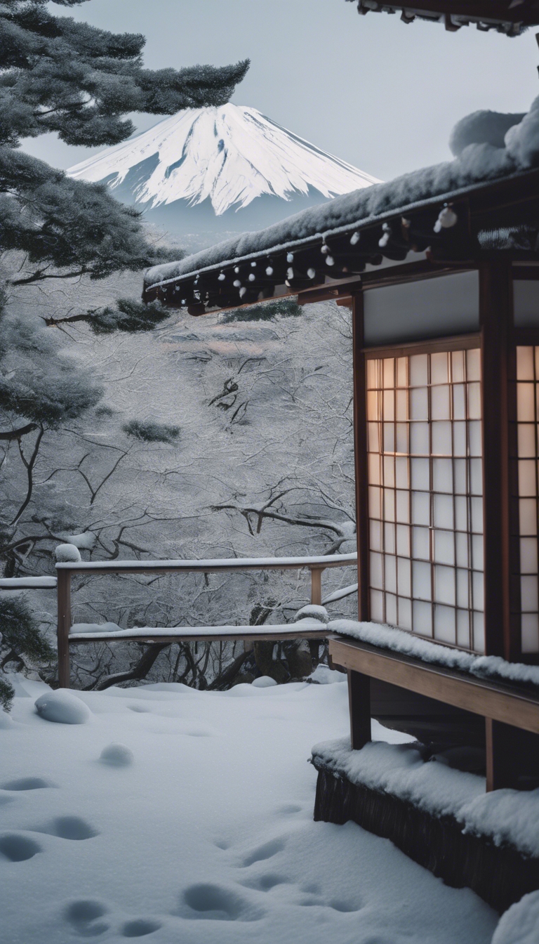 Mount Fuji seen through the snowfall from a Ryokan's hot spring Wallpaper[ea1e7a20afa6470d958d]